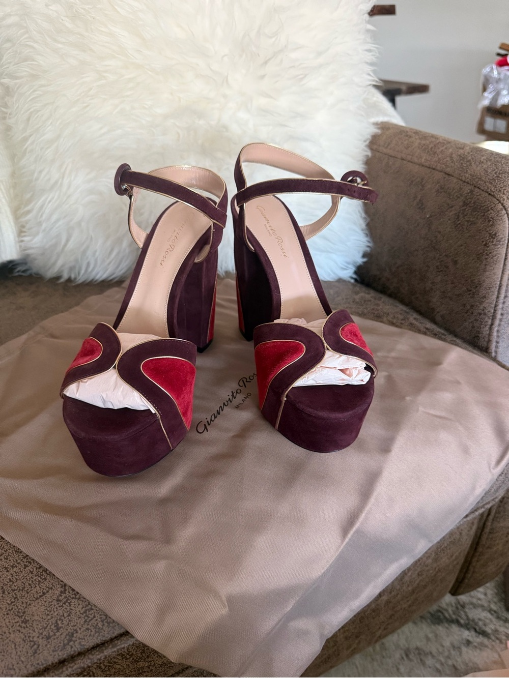 Gianvito Rossi Burgundy and Red Suede Platform Sandals
